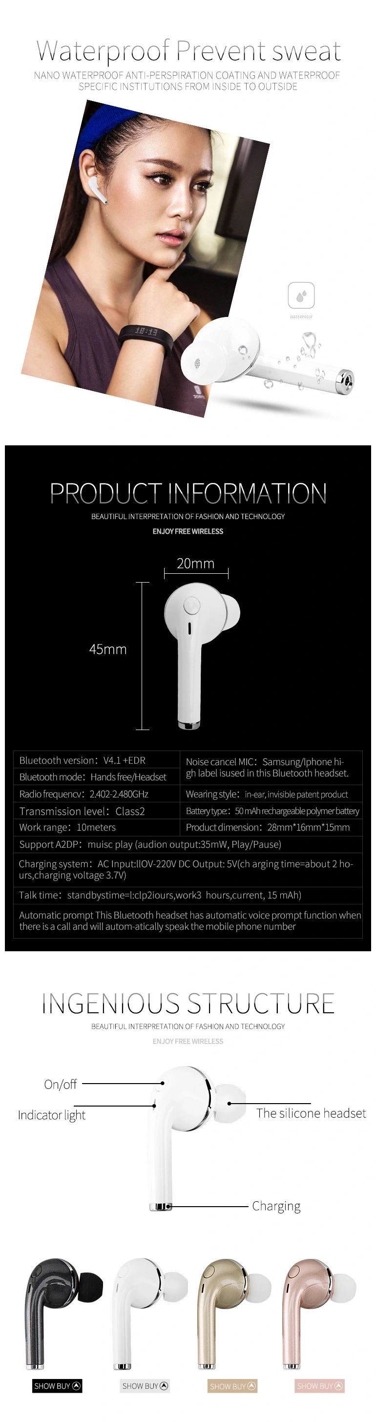 New Fashion Wireless V1 Earphone Headset with Bluetooth Mic for iPhone Mobile Phone